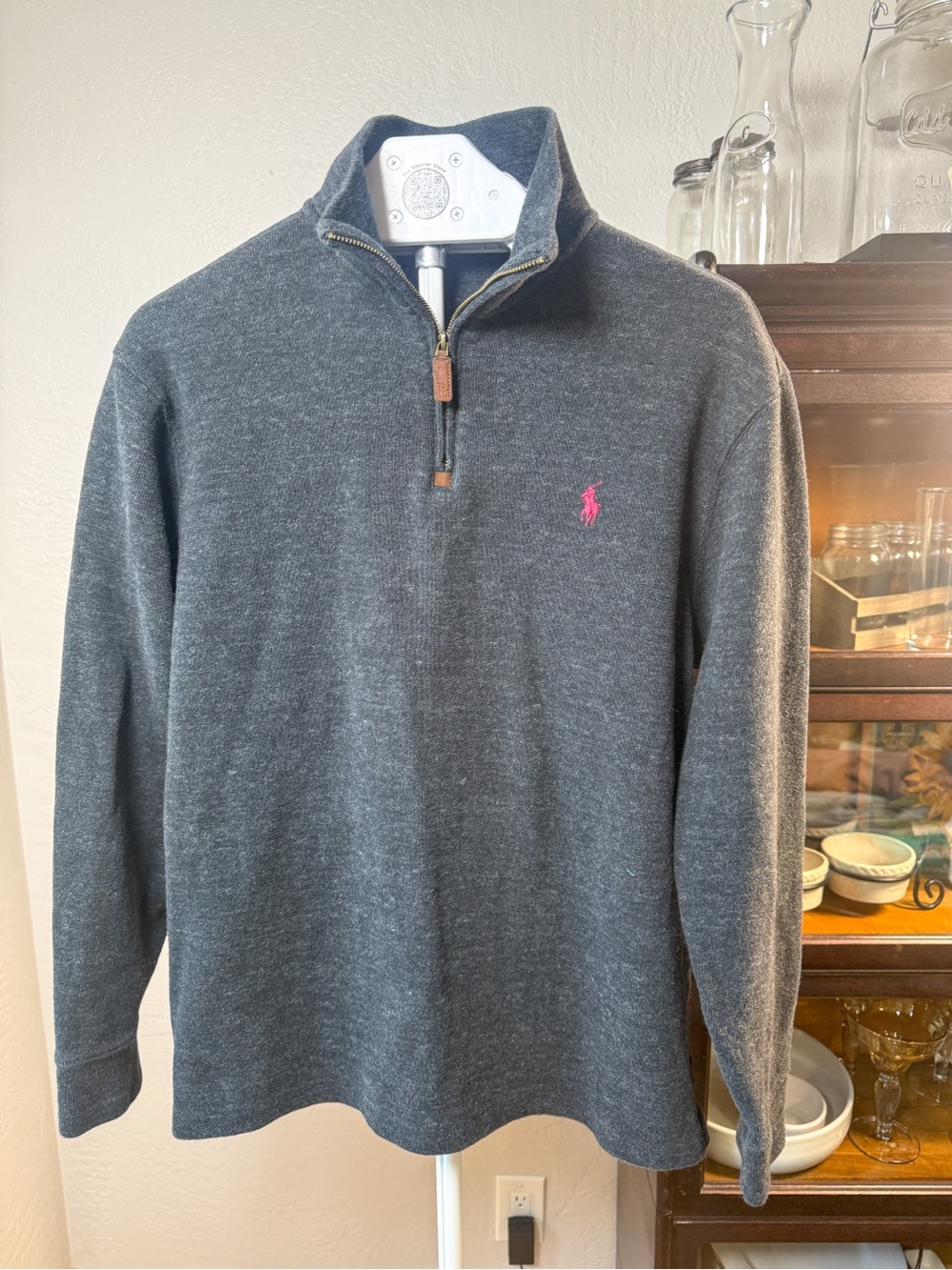 Polo Ralph Lauren Quarter Zip Sweater Charcoal Gray Pink Pony Cotton Size M